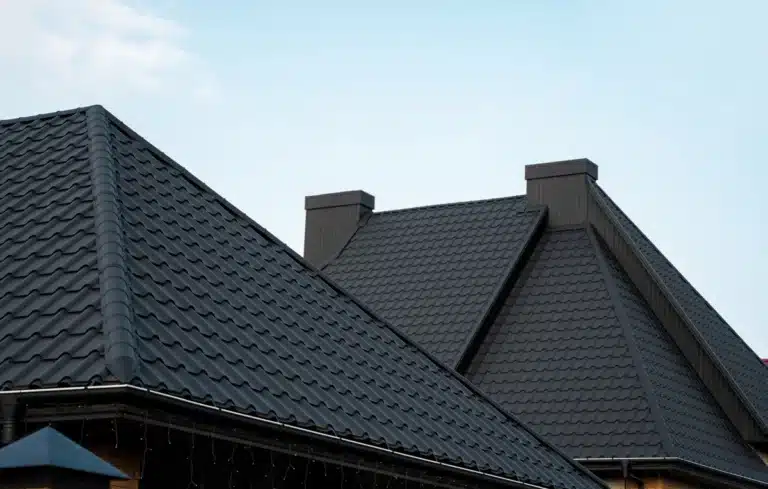 house new roof with metal tiles against sky
