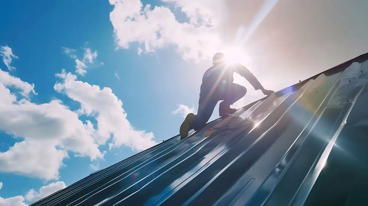 roofer on a sunny metal roof