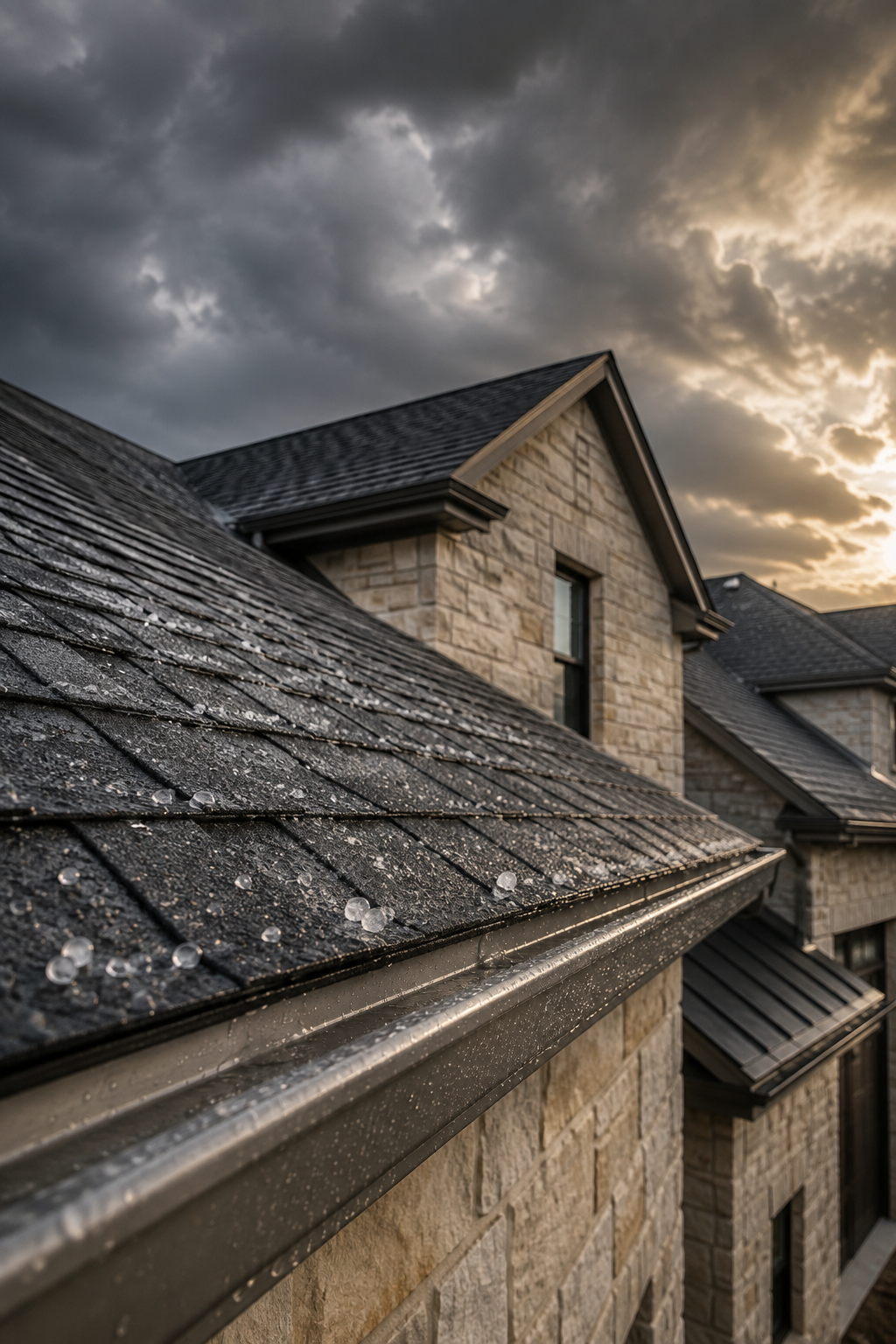 Illustration of hailstones on a wet shingle roof beneath clearing storm clouds