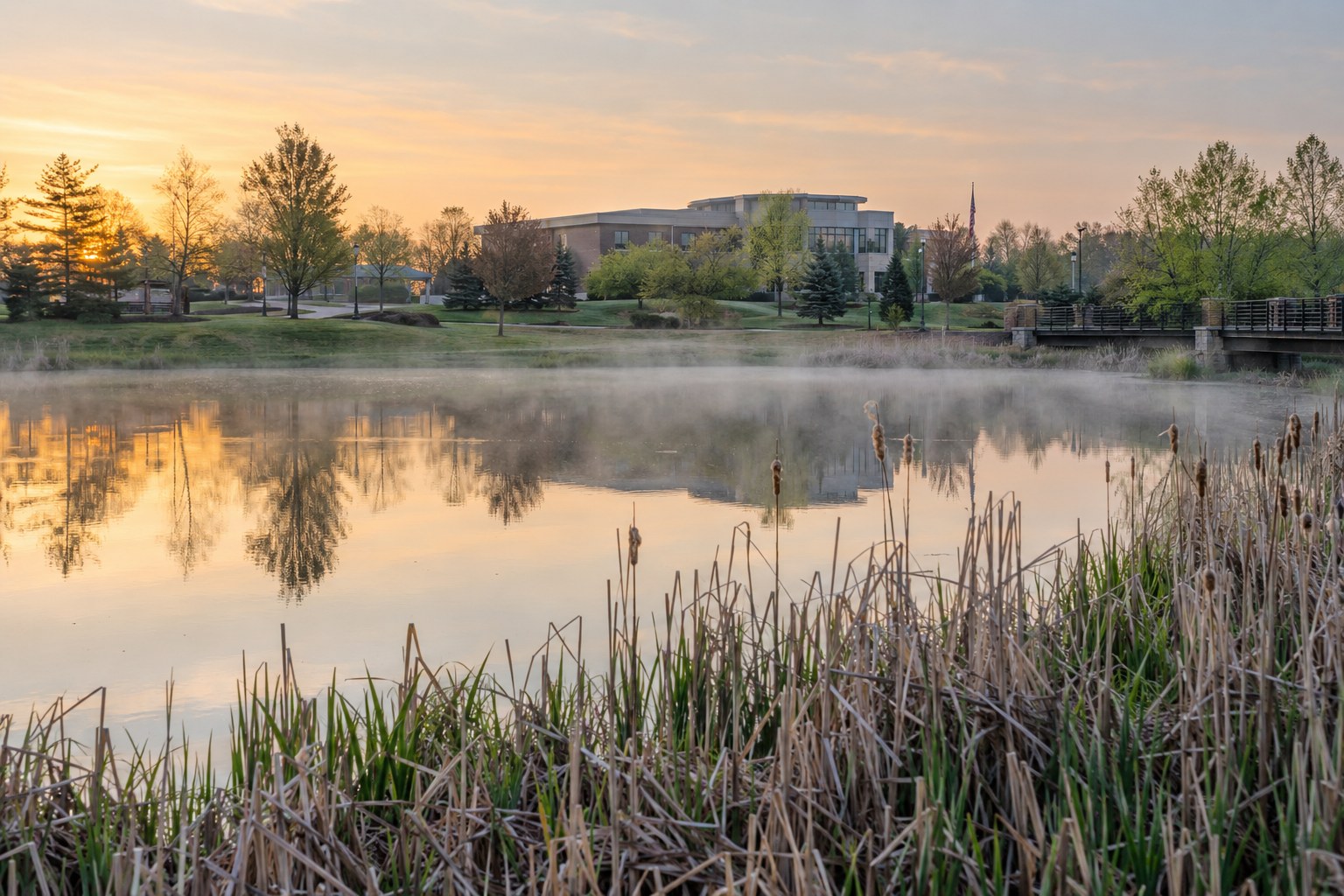 AI-generated Blaine civic center seen across its pond in morning mist
