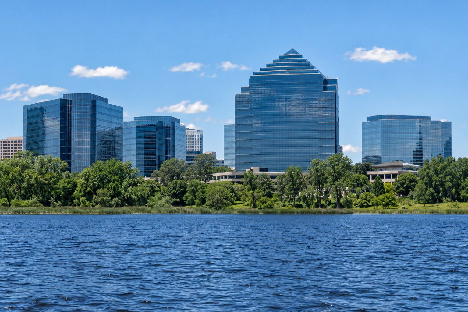 AI-generated Bloomington office towers viewed across Normandale Lake