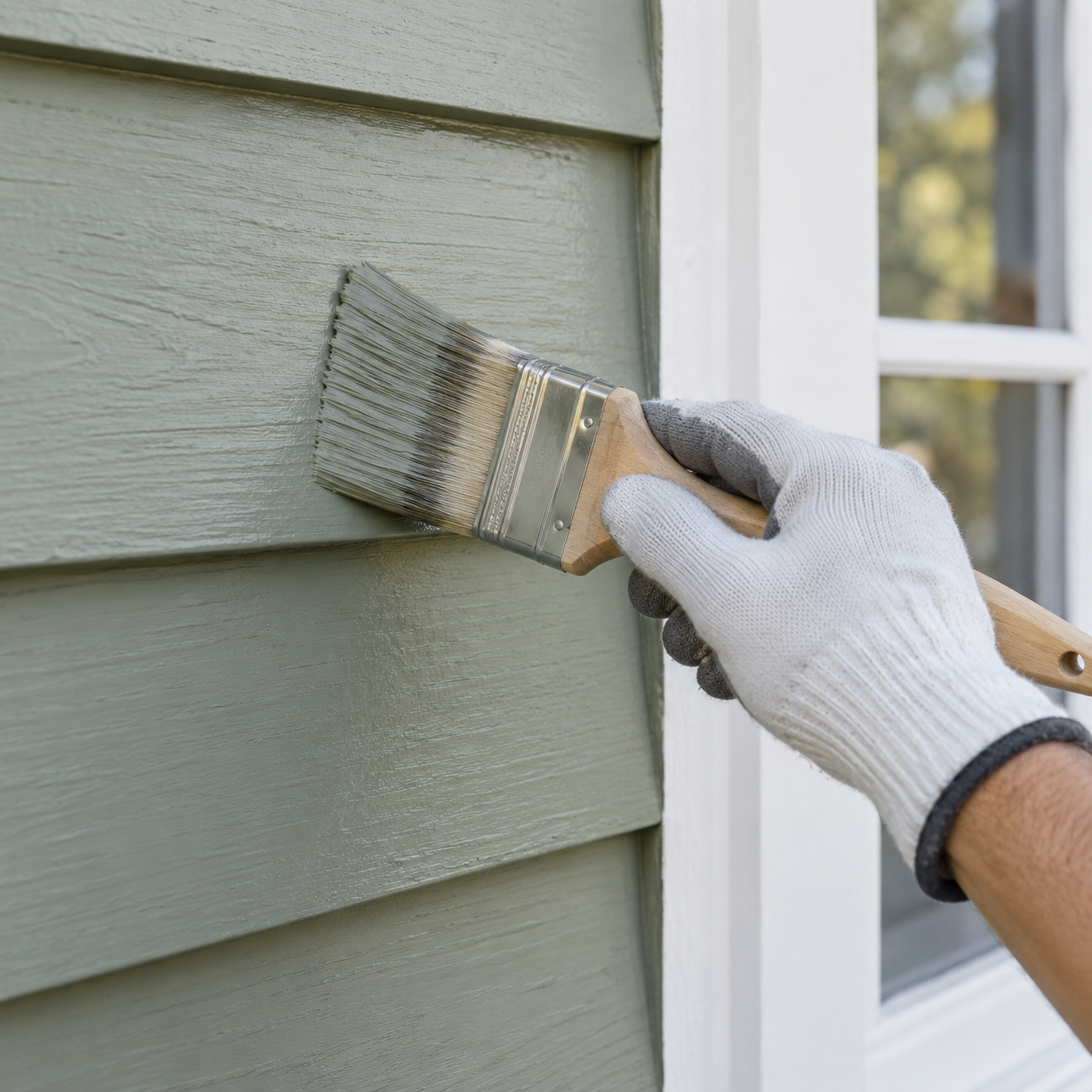 Paintbrush applying paint to exterior siding (AI-generated illustration)
