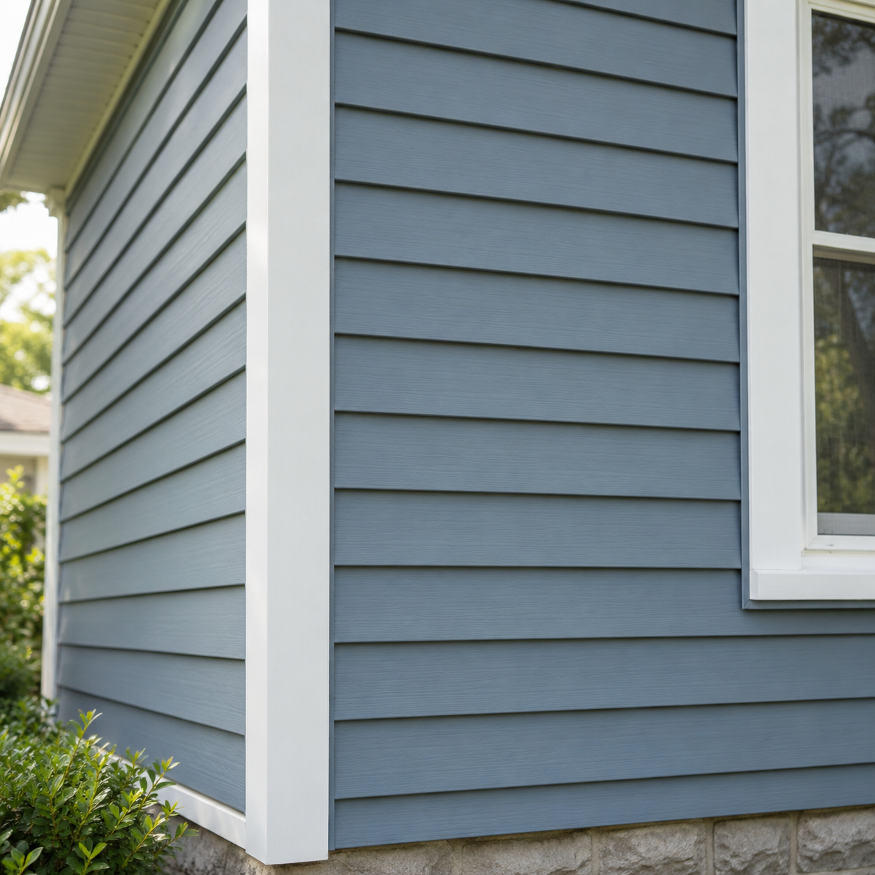 Blue-gray lap siding with white trim (AI-generated illustration)