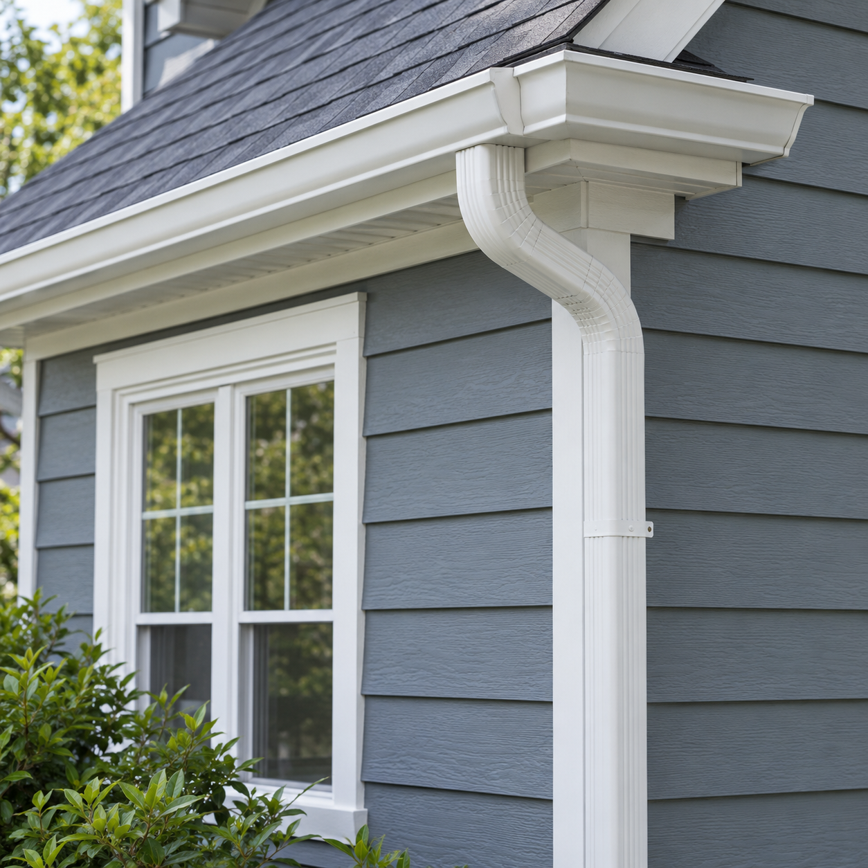 Coordinated siding, window trim, gutters and downspout (AI-generated illustration)