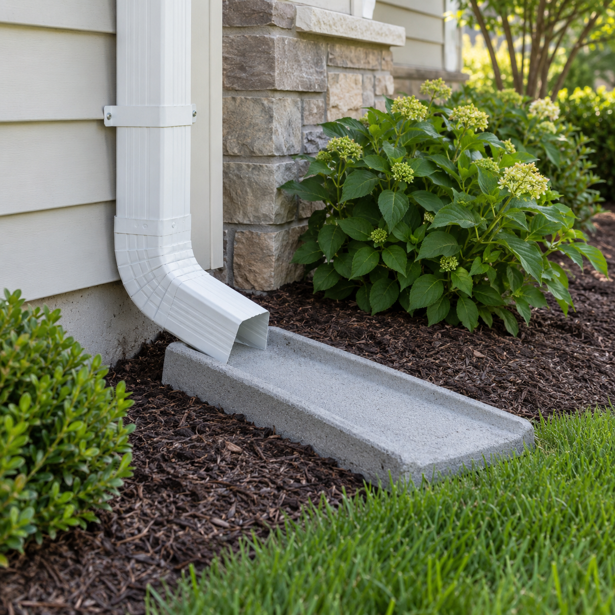 Downspout outlet directing water onto a splash block (AI-generated illustration)