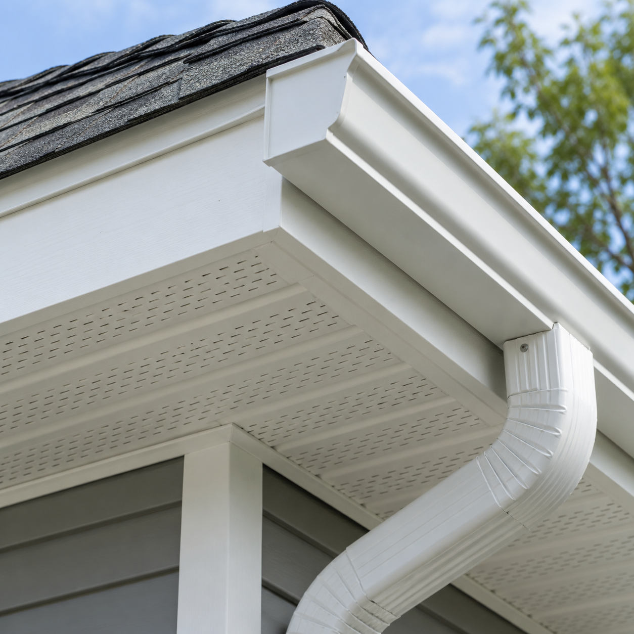 Fascia, vented soffit, gutter and shingle roof edge (AI-generated illustration)