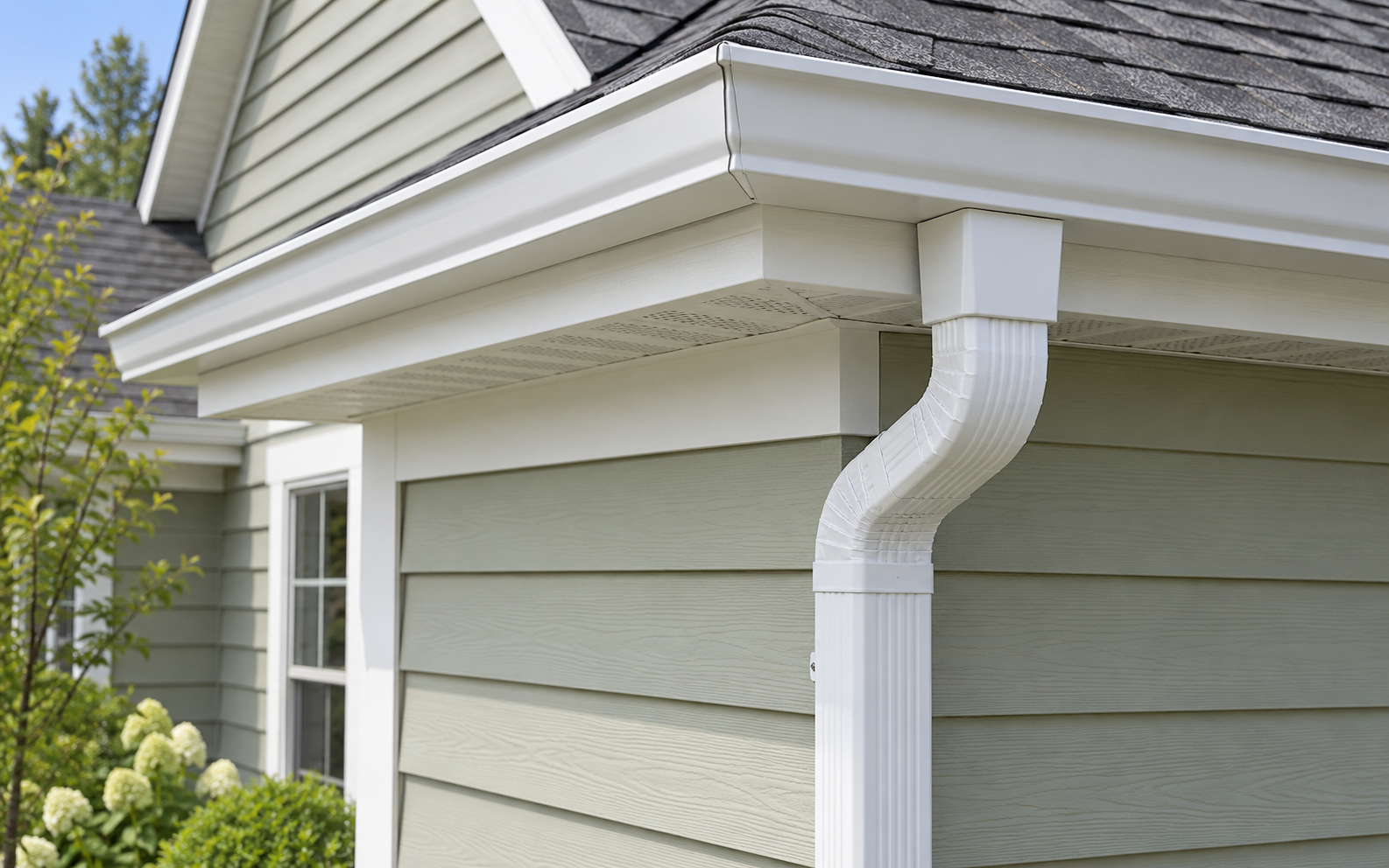 Gutter corner and connected downspout beside house siding (AI-generated example)