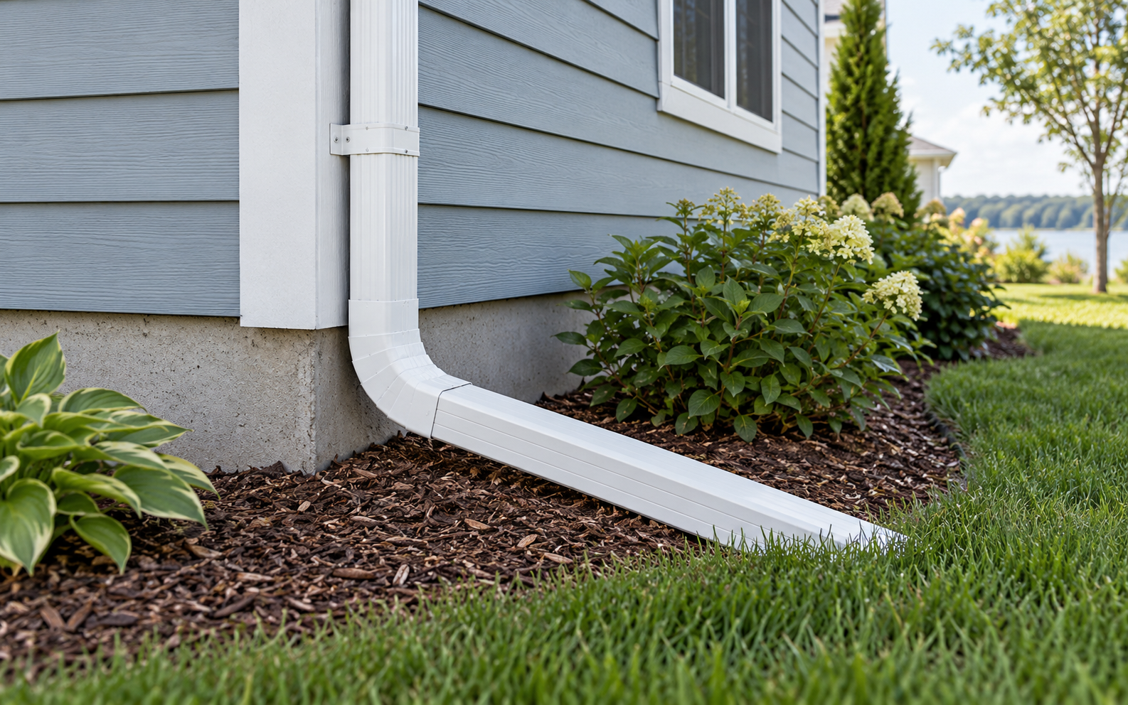 Downspout extension directing runoff away from the foundation (AI-generated example)
