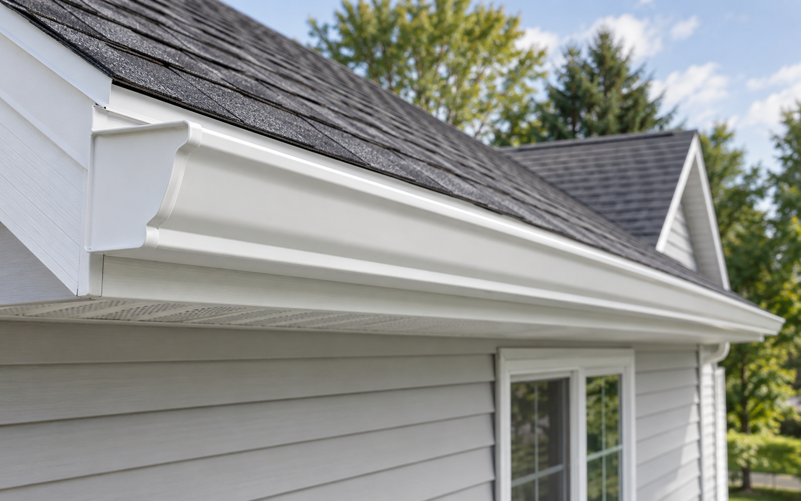White rain gutter along a home's fascia and roof edge (AI-generated example)