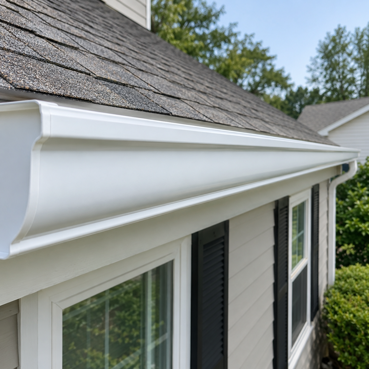 Continuous seamless gutter along a residential eave (AI-generated illustration)