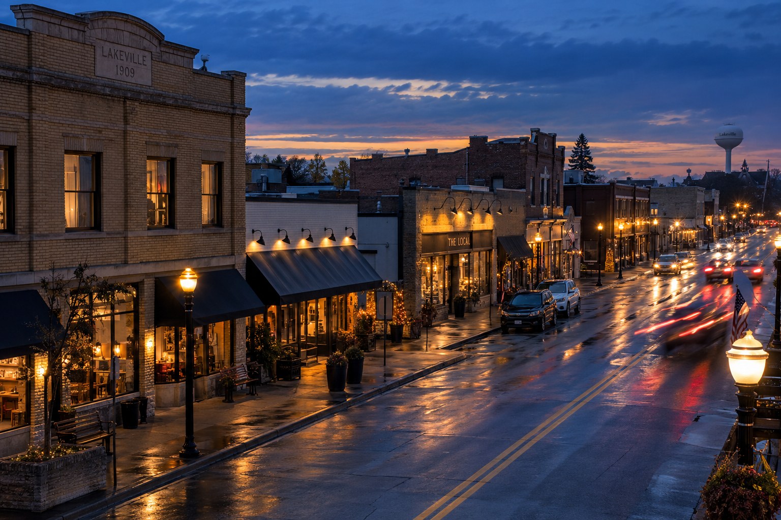 AI-generated historic downtown Lakeville at dusk after rain