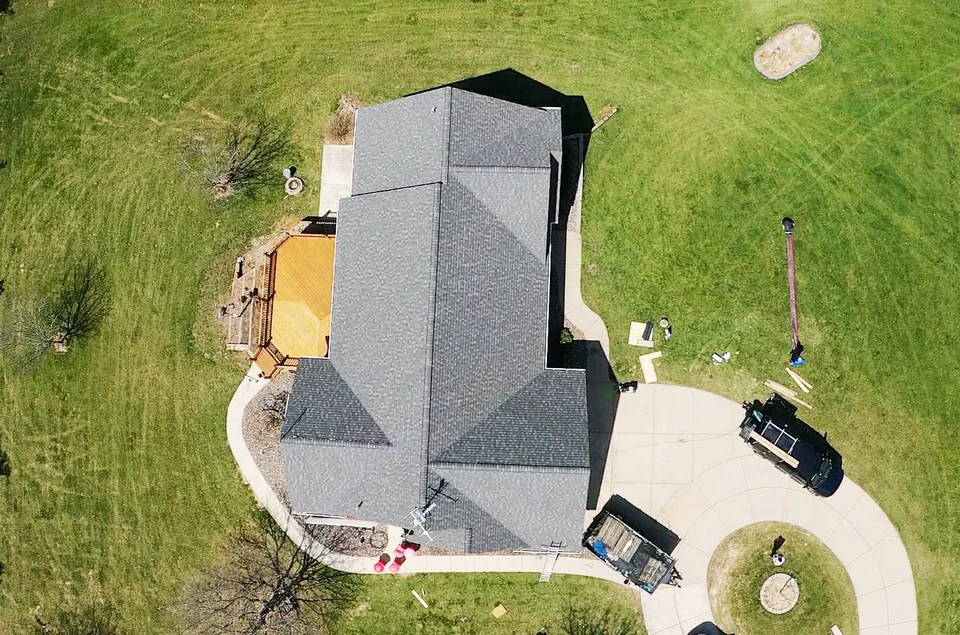Aerial view of a completed Level Edge Construction shingle roof
