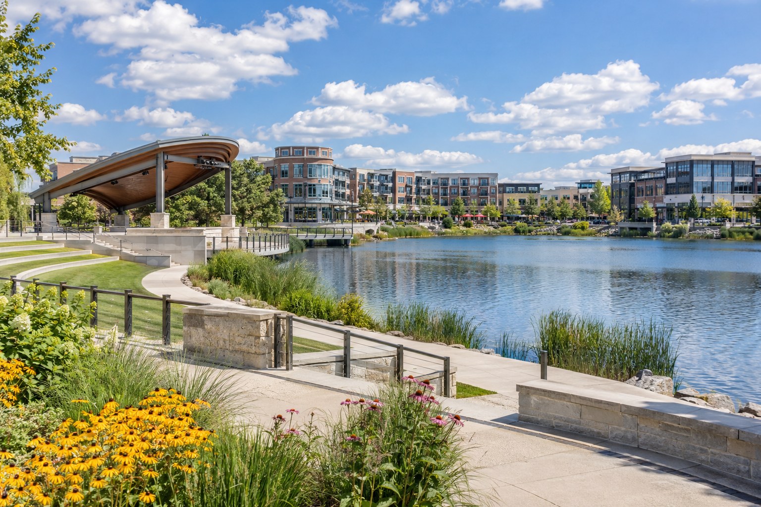 AI-generated Maple Grove Town Green and the Arbor Lakes waterfront