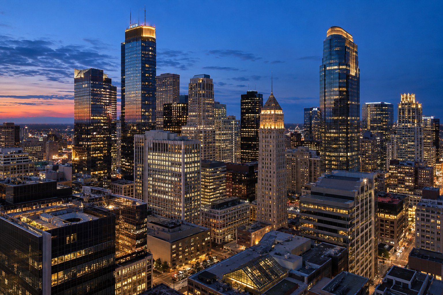 AI-generated downtown Minneapolis skyline at blue hour