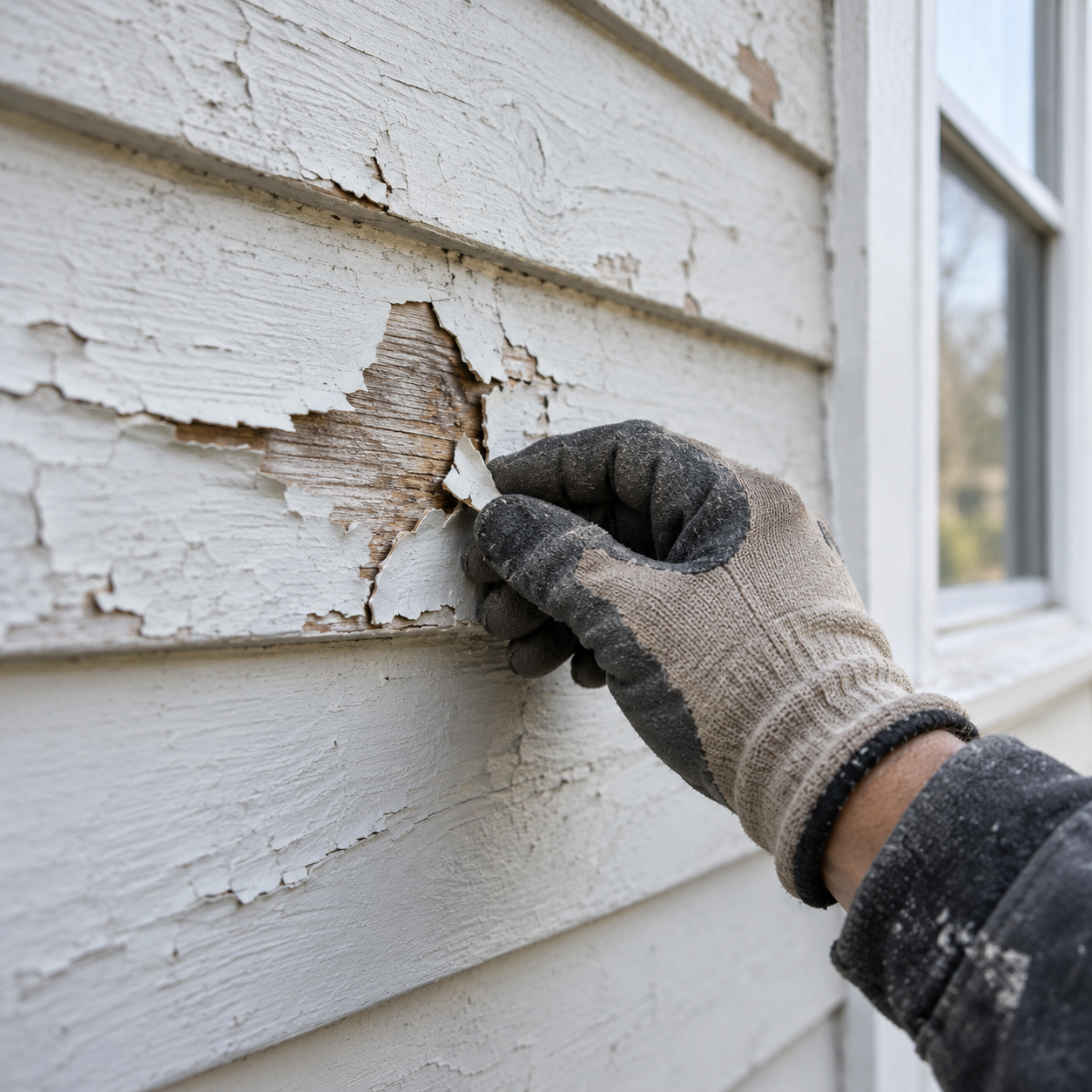 Examining peeling paint on exterior wood siding