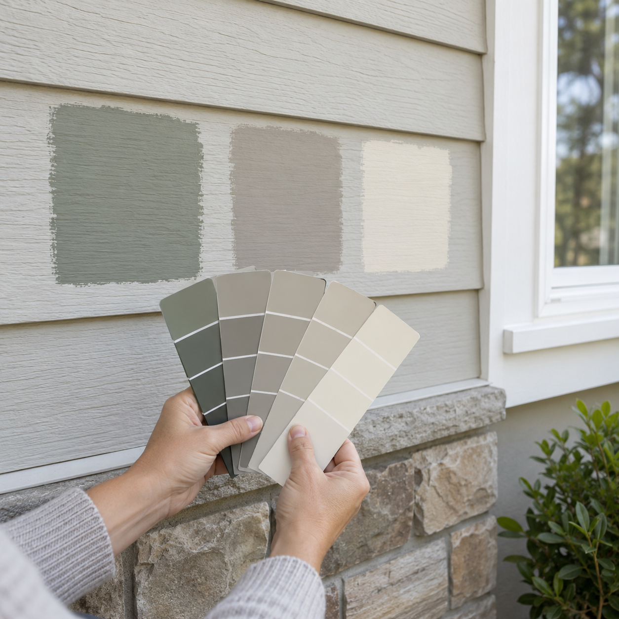 Comparing exterior paint samples beside trim and masonry
