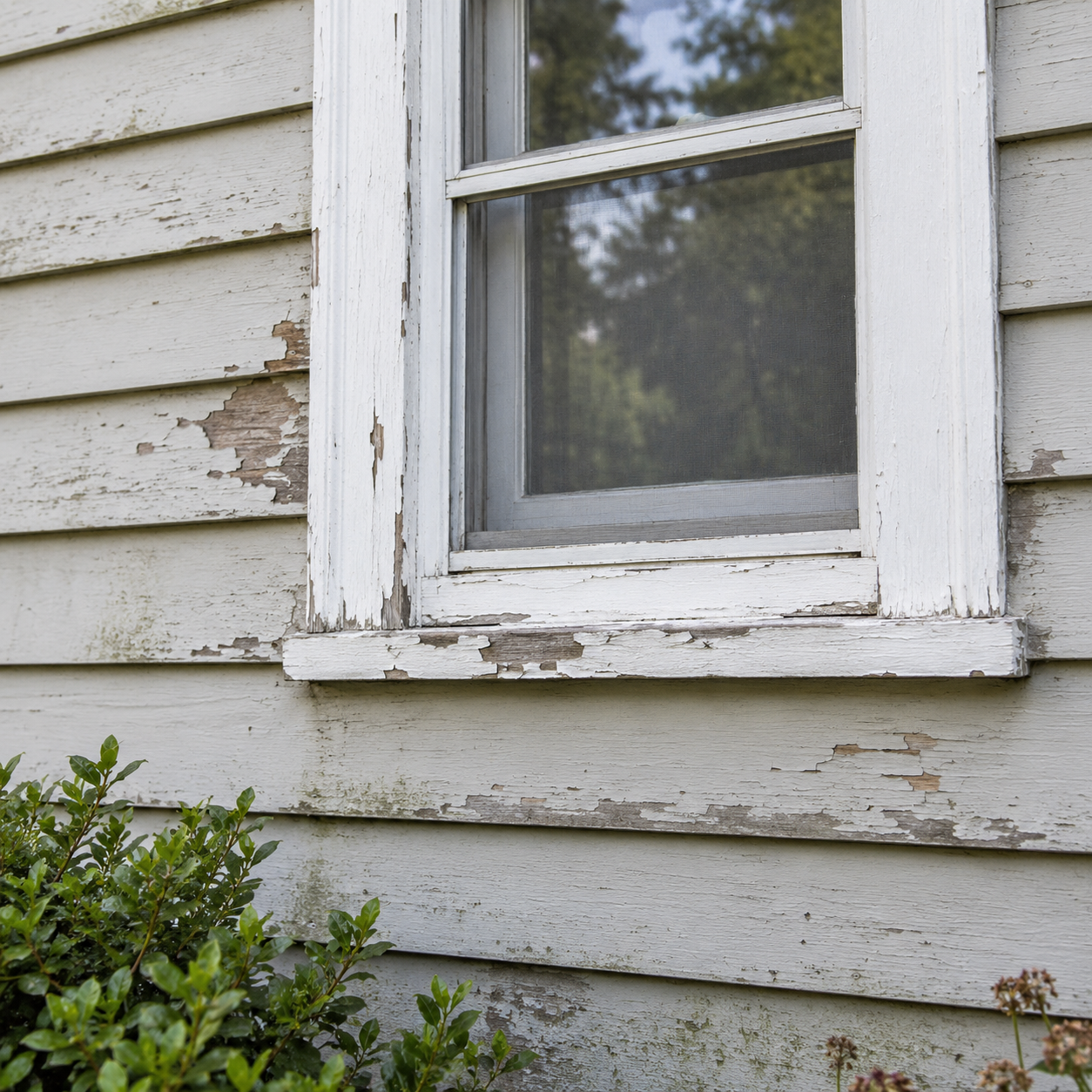 Peeling paint on siding and window trim