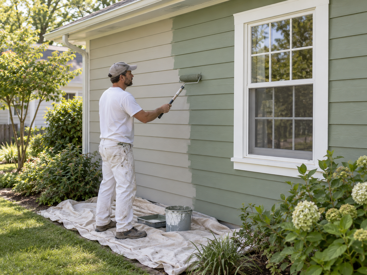 Painter applying sage paint to house siding