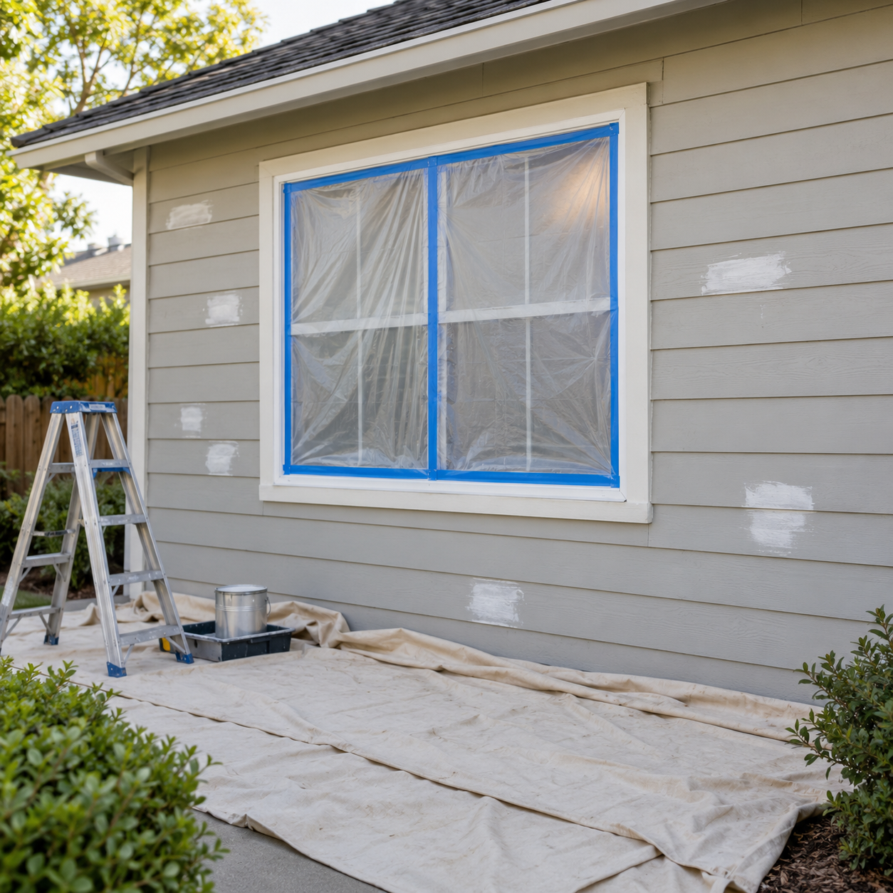 Masked window and prepared siding before painting