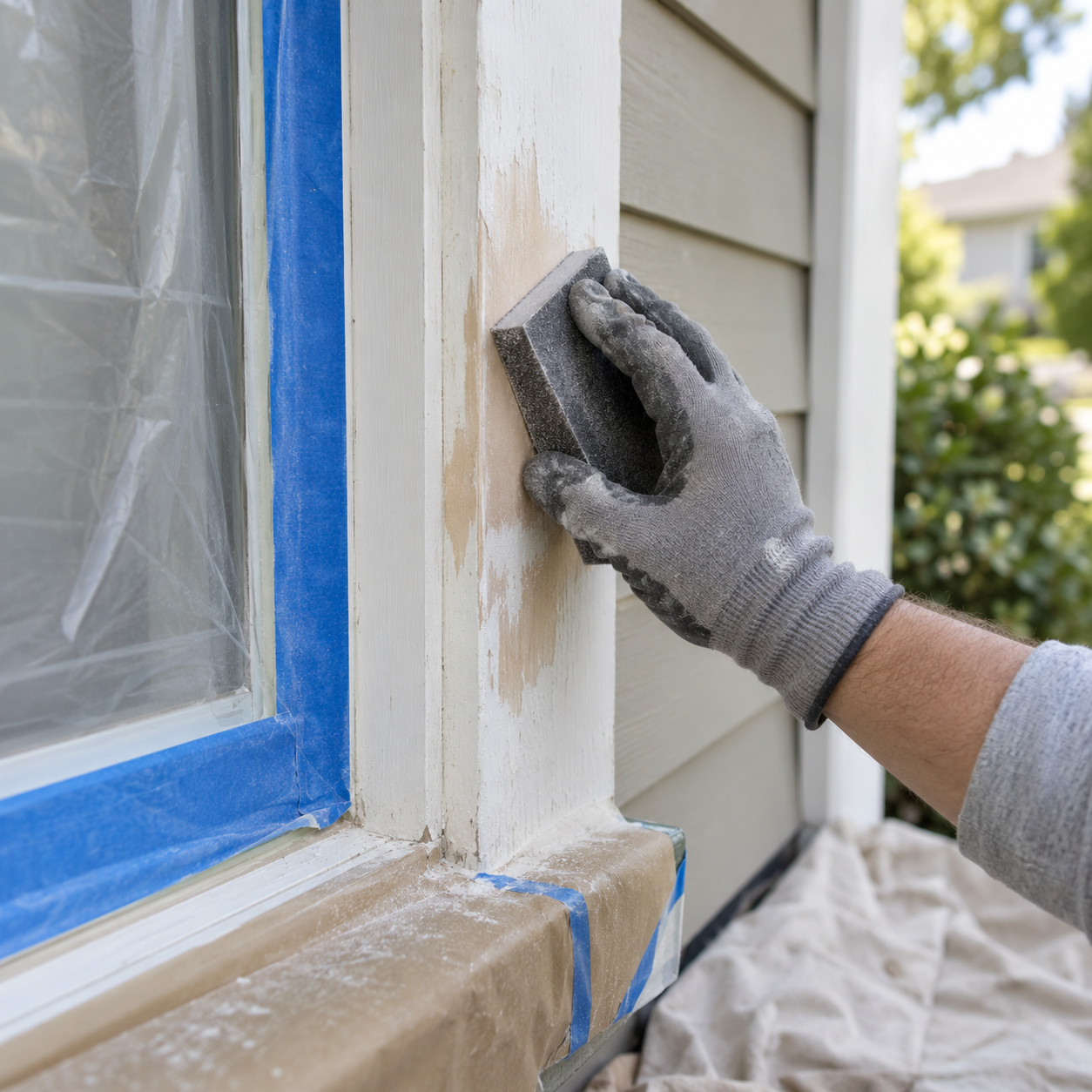 Sanding exterior window trim before painting