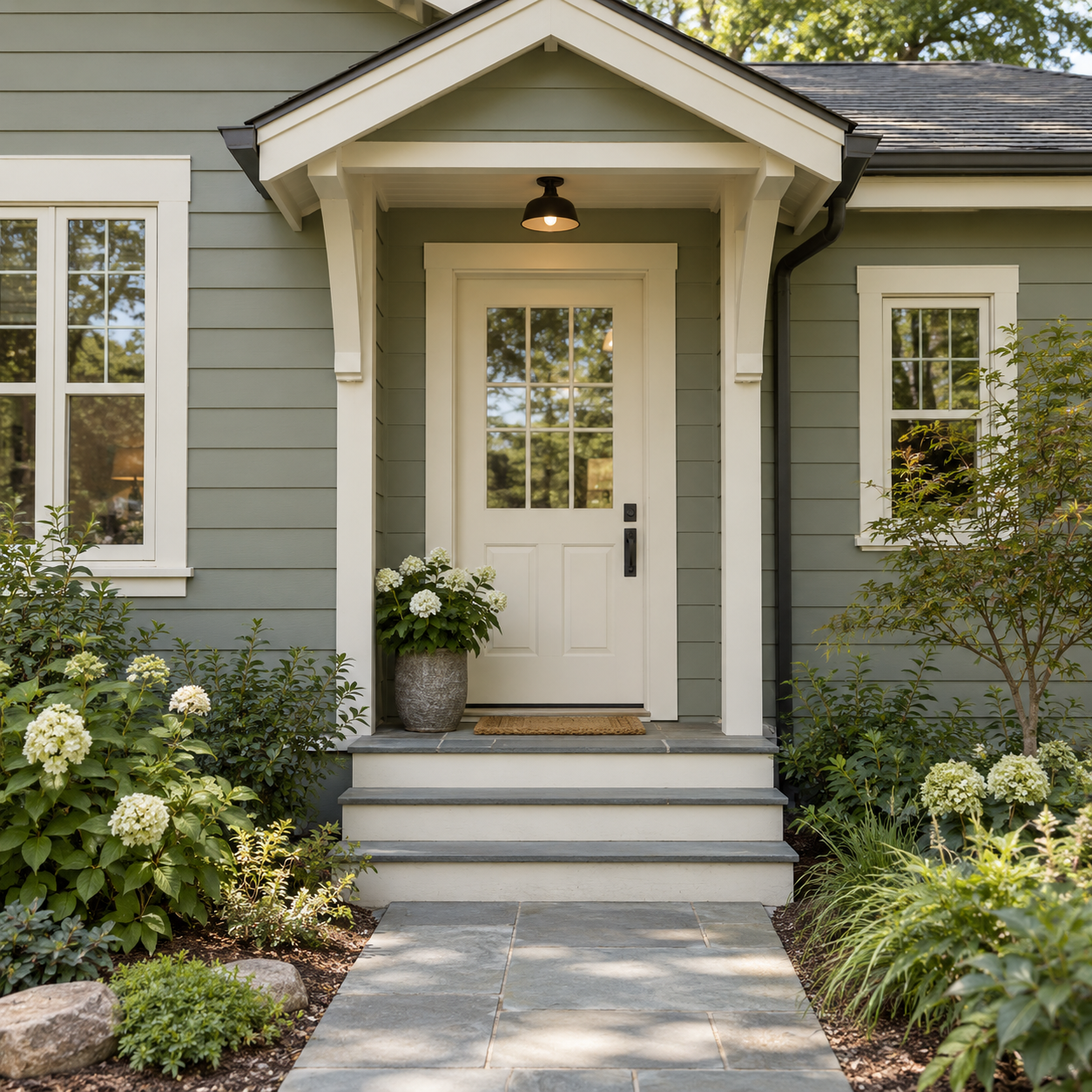 Sage exterior paint with cream entry and window trim