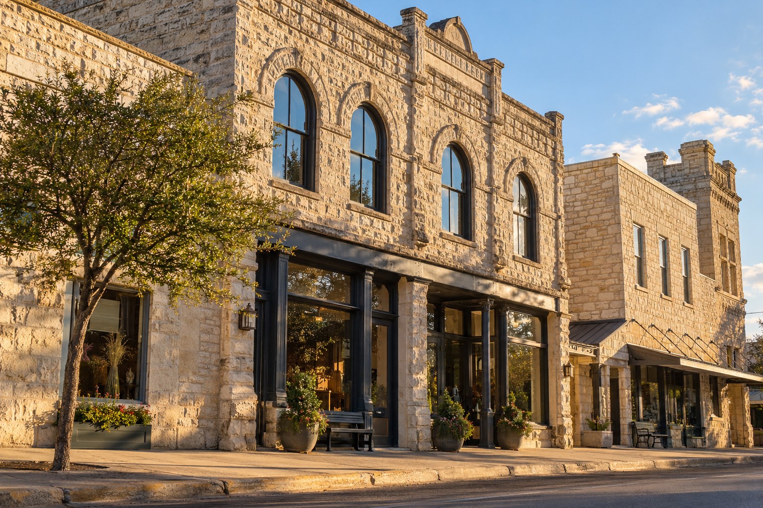 AI-generated historic limestone commercial architecture in downtown Round Rock