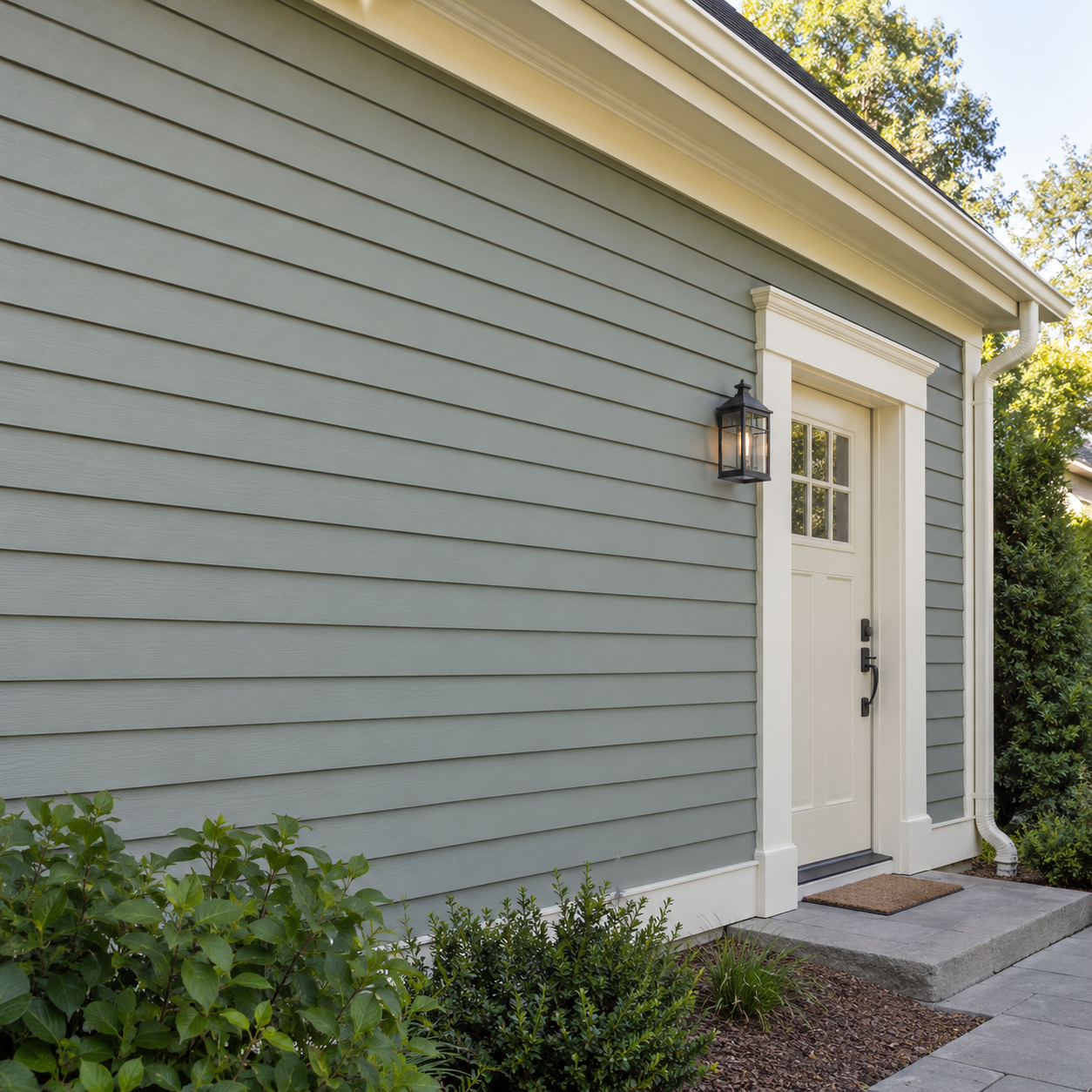 Sage siding with coordinated cream door trim, fascia and gutters (AI-generated illustration)