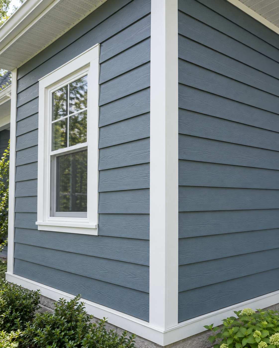 Blue-gray horizontal siding with white corner and window trim (AI-generated illustration)
