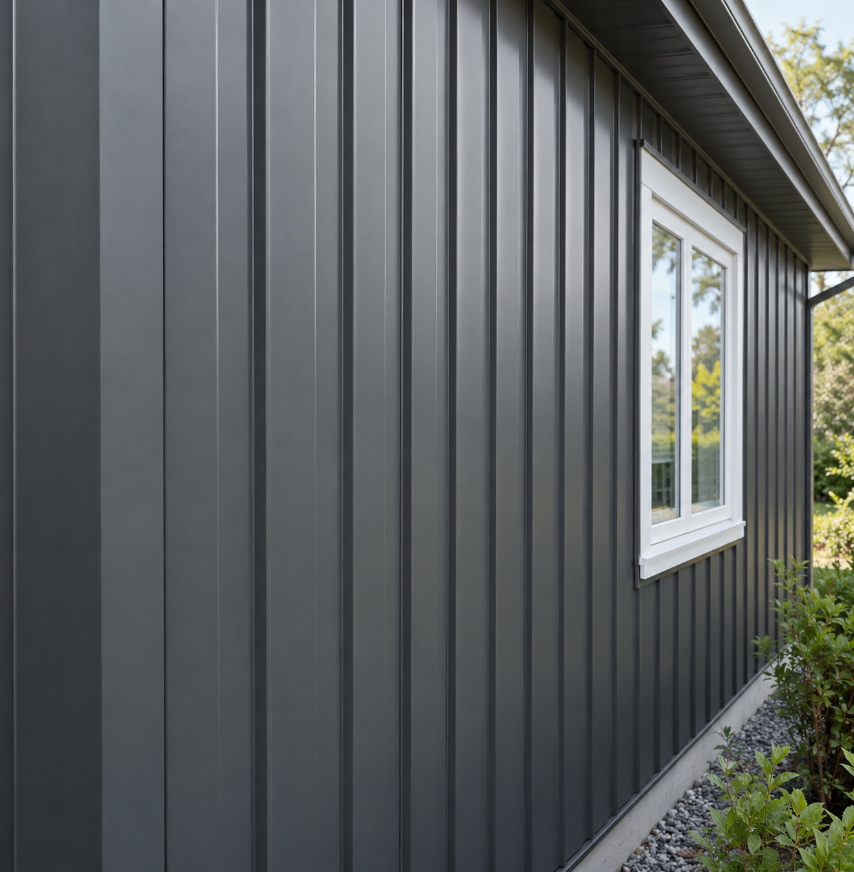 Charcoal vertical metal wall siding with white window trim (AI-generated illustration)