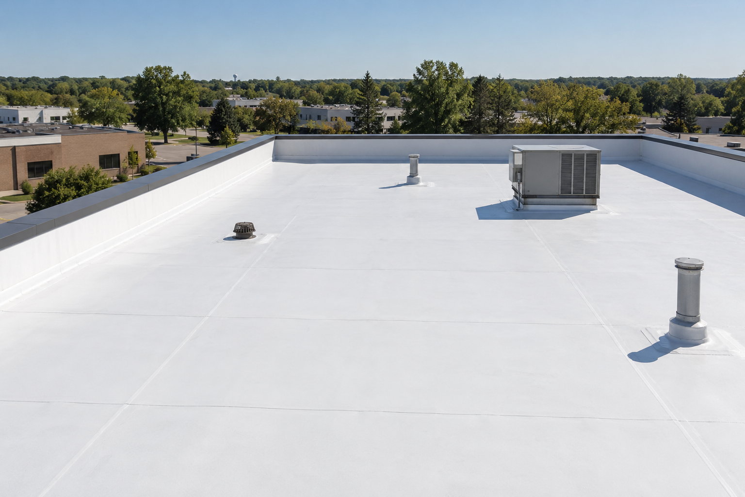 Illustration of white TPO membrane roofing on a low-slope building