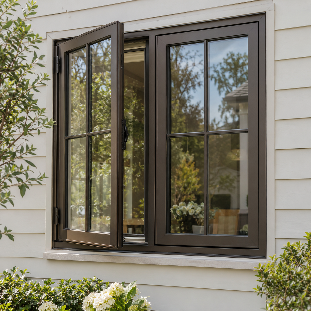 Bronze casement windows with one sash open (AI-generated illustration)