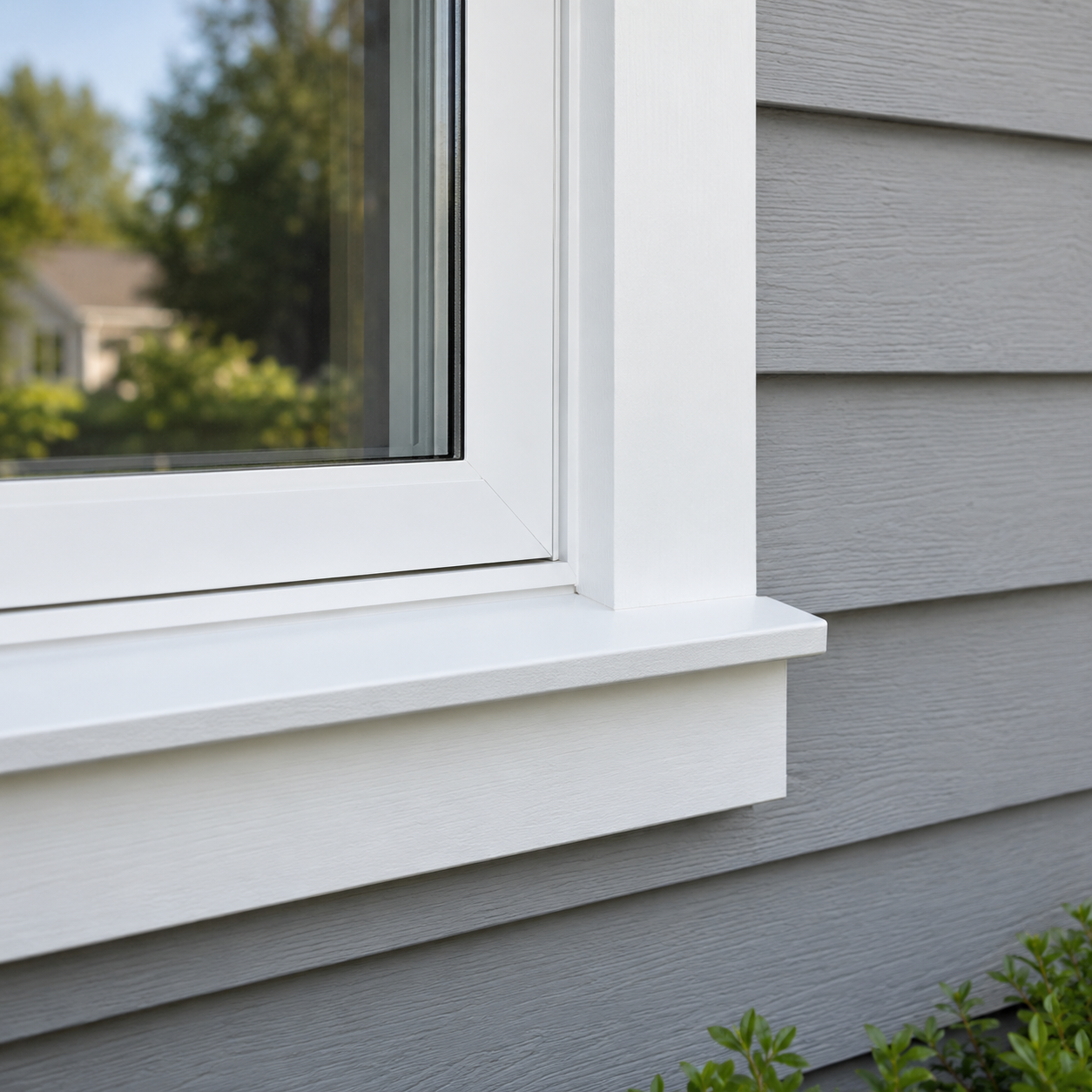 Window frame and sill adjoining house siding (AI-generated illustration)