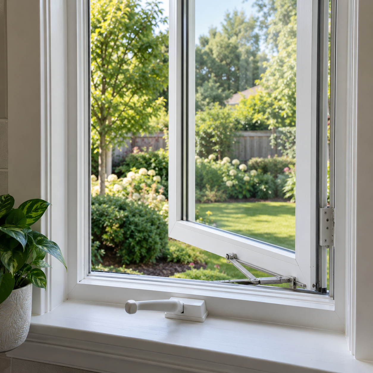 Open casement window with crank handle (AI-generated illustration)