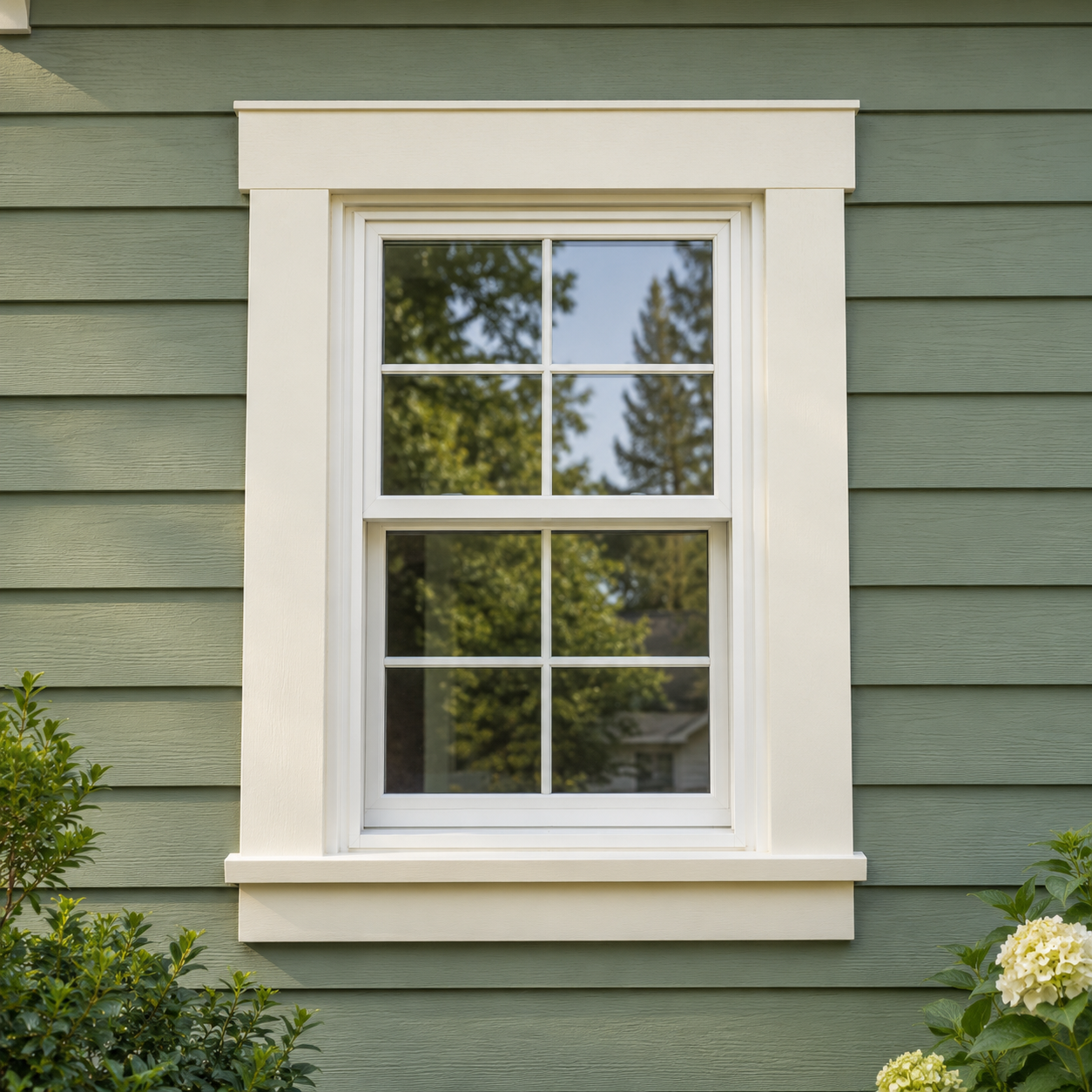 Window with painted cream exterior trim (AI-generated illustration)